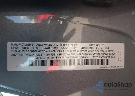 2011 Volkswagen Jetta 2.0L S from USA, damaged, VIN 3VW1K7AJ3BM365493